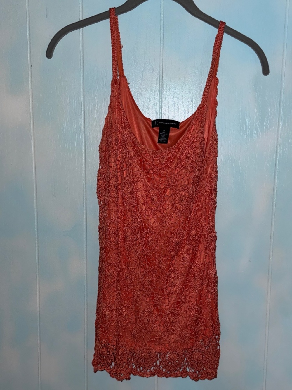 INC International Concepts Coral Orange Crochet Spaghetti Strap Lined Cami Sz M